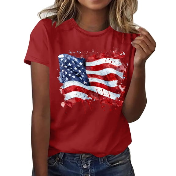 Danhjin Red Plus Size Americans Flag T Shirt Women 4th of July Shirts Raglan Short Sleeve Patriotic Tee Tops