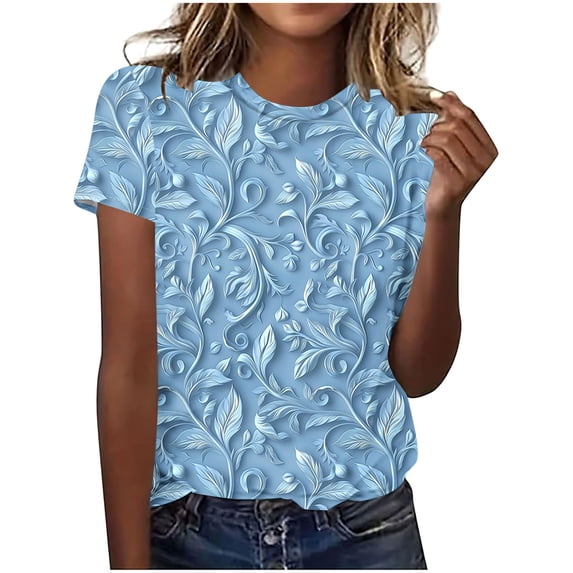 Tops for Women Trendy Casual Round Neck Short Sleeve Top Floral Print Tees Vintage Shirt Summer Loose Lightweight Blousess
