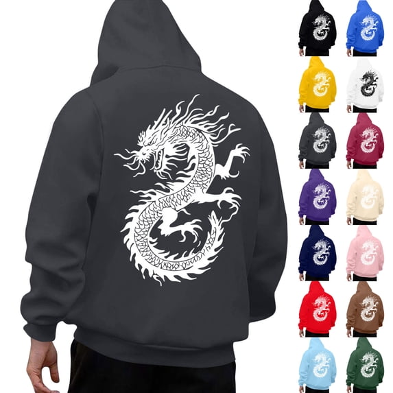 Danhjin Trendy Print Hoodies for Men Fall Winter Pullover Sweatshirts with Dragon Graphic Fashion Long Sleeve Outdoor Activity Stylish Tops