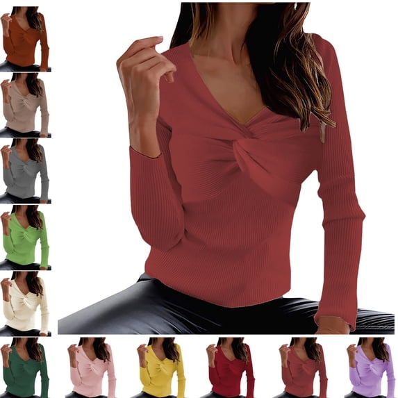 Danhjin Trengy Sweater Tops for Women Twist Front V Neck Long Sleeve Fall Winter Pullover Stretchy Slim Shirts Fashion Comfy Soft Cozy Loungewear Outdoor Knitwear Blouses