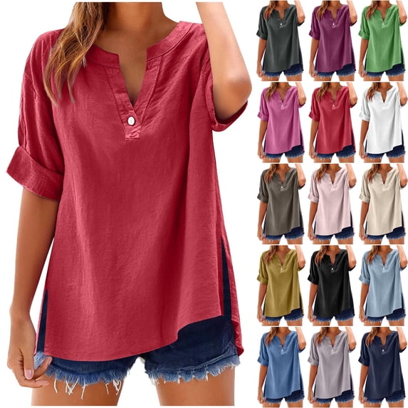 Danhjin Tunic Oversized Tops for Women Plus Size Short Sleeve V Neck Pullover Shirts Lightweight Casual Comfy Loose Fashion Going out Blouses