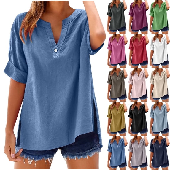 Danhjin Tunic Oversized Tops for Women Plus Size Short Sleeve V Neck Pullover Shirts Lightweight Casual Comfy Loose Fashion Going out Blouses