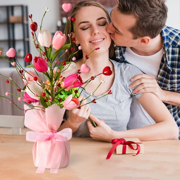 Danhjin Valentine Centerpieces for Tables, Artificial Tulips with Heart Shaped Berry Branch Ornament for Romance Day and Valentine's Day Table Decor