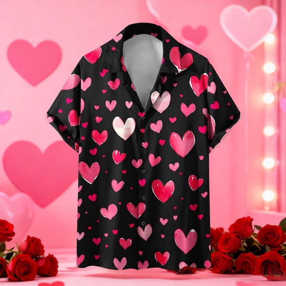 Danhjin Valentine Day Shirts for Men Casual Button Down Shirt with Graphic Lapel Short Sleeve Top Fashion Summer Spring Shirt Comfy Blouse Going Out Party Holiday Vacation Tops