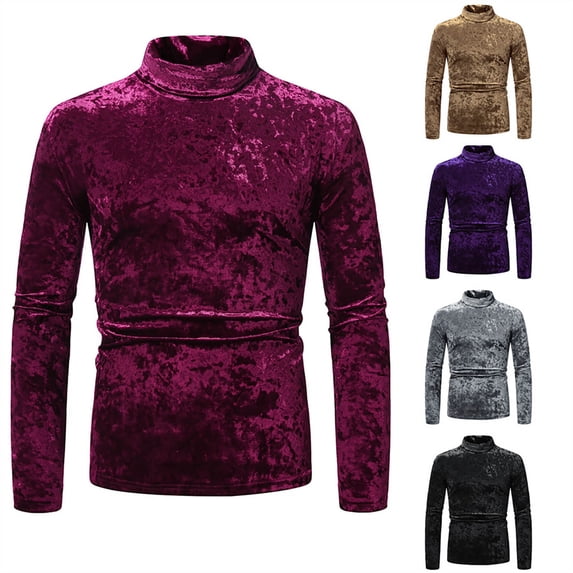 Danhjin Velvet Shirts for Men Long Sleeve Vintage Casual Fall Winter Pullover Turtleneck Fashion Tops Comfy Loungewear Outdoor Tees Shirts