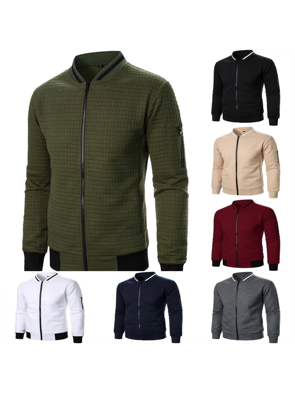 Waffle Knit Jackets for Men Zip up Casual Stand Collar Outwear Fall Winter Comfy Long Sleeve Coats