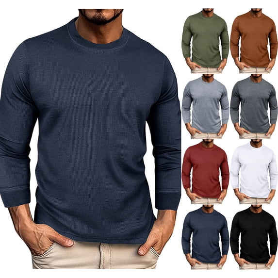 Danhjin Waffle Knit Shirts for Men Crew Neck Long Sleeve Casual Fall Winter Pullover Tops Comfy Outdoor Loungewear Fashion Tees Shirts