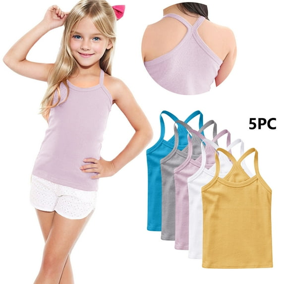 Danhjin White 5 Pack Halter Tank Tops for Girls Toddlers Summer Spring Spaghetti Straps Tops Solid Color Cute Sleeveless Casual Comfy Going Out Tops for Kids, 1 to 13T