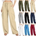 thumbnail image 1 of Danhjin White Linen Cargo Pants For Women Spring Summer Casual Elastic Waisted Drawstring Loose Straight Leg Comfy Pants Stretch Pants With Pockets, 1 of 6