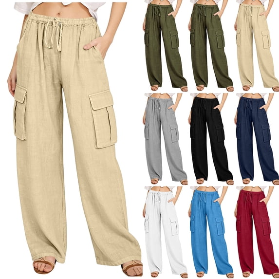 Danhjin White Linen Cargo Pants For Women Spring Summer Casual Elastic Waisted Drawstring Loose Straight Leg Comfy Pants Stretch Pants With Pockets