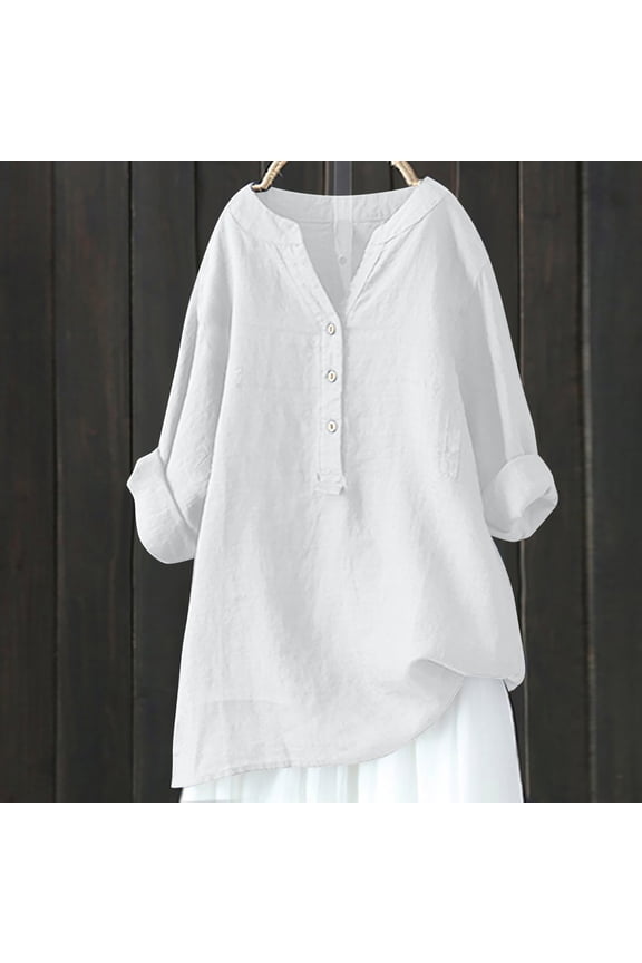White Linen Shirts For Womens Casual Loose Collared Button Down Blouses Spring Summer Beach Tops Short Sleeve V Neck Shirts