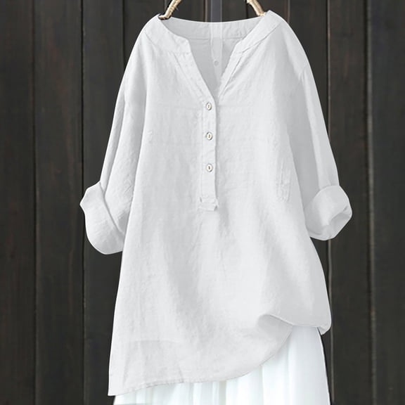 Danhjin White Linen Shirts For Womens Casual Loose Collared Button Down Blouses Spring Summer Beach Tops Short Sleeve V Neck Shirts