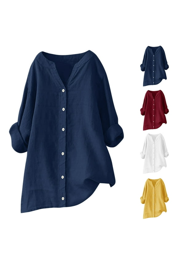 White Linen Shirts for Women Long Sleeve Button Down V Neck Blouse Cotton Linen Loose Fits Casual Tops