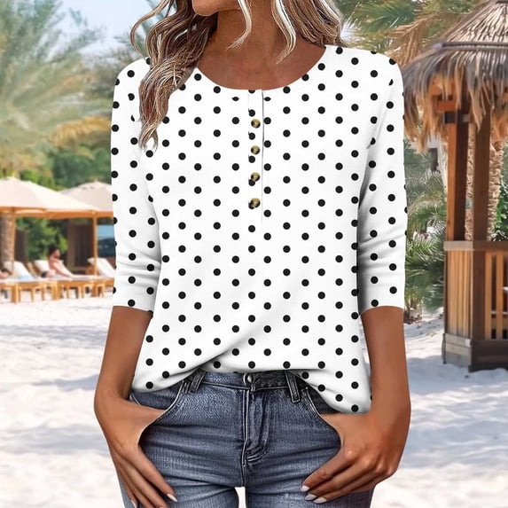 Danhjin White Loose Short Sleeve Polka dots T-Shirt For Womens Spring Summer Everyday Wear Button Down Round Neck Casual Tee Vacation Outfits Fashion Tee Flowy Soft Basic Tees
