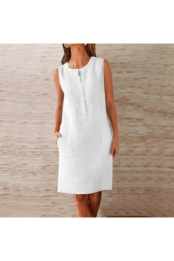 White Summer Dresses for Women Cotton Linen Cre W Neck Sleeve Less Tank Casual Front Button Dresses with Pockets