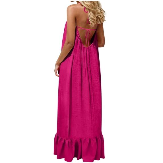 Danhjin Women Backless Dresses Casual Flowy Halter Lightweight Long Dresses Ruffle Hem Loose Beach Sun Spring Loungewear Cute Fashion Dress Outfits