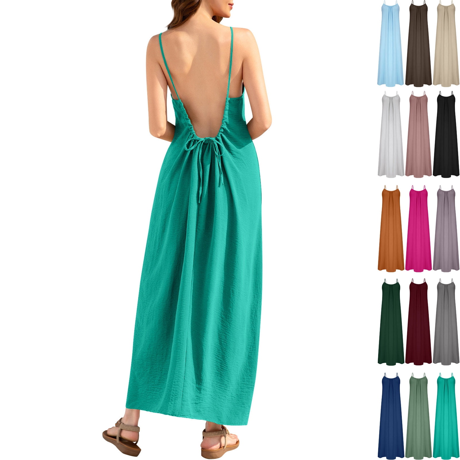 Danhjin Women Backless Dresses Casual Summer Lightweight Long Dresses with Back Adjustable Ties Spaghetti Straps Flowy Beach Sun Spring Loungewear