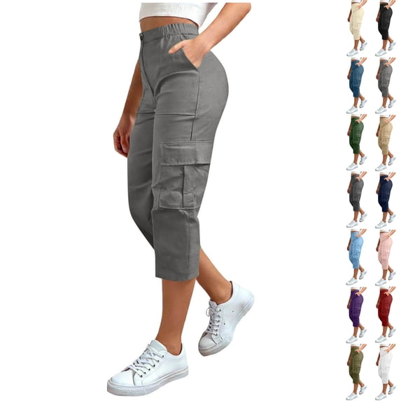 Danhjin Women Cargo Capri Pants Summer Casual Elastic High Waist Plus Size Pants with Multi Pockets Holiday Vacation Going out Hiking Camping Outfits, Available in S to 5XL