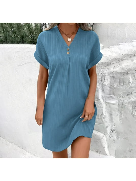 Casual Daily Solid Buttons O Neck Short Sleeve Dress Dresses Casual Daily Solid Buttons O Neck Short Sleeve Dress Dresses