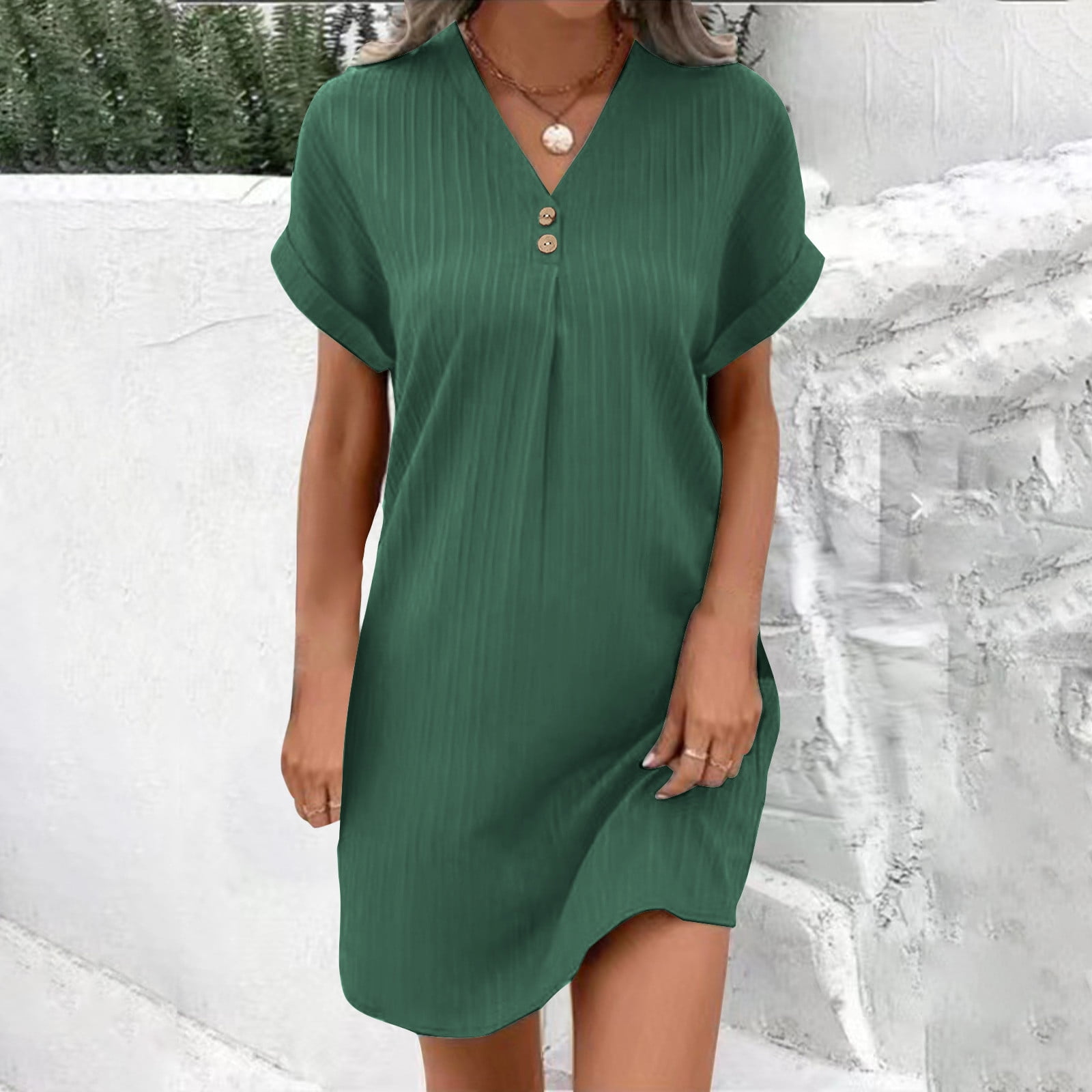 Titcea Casual Dresses for Women Knee Length Solid Color Button Down V ...