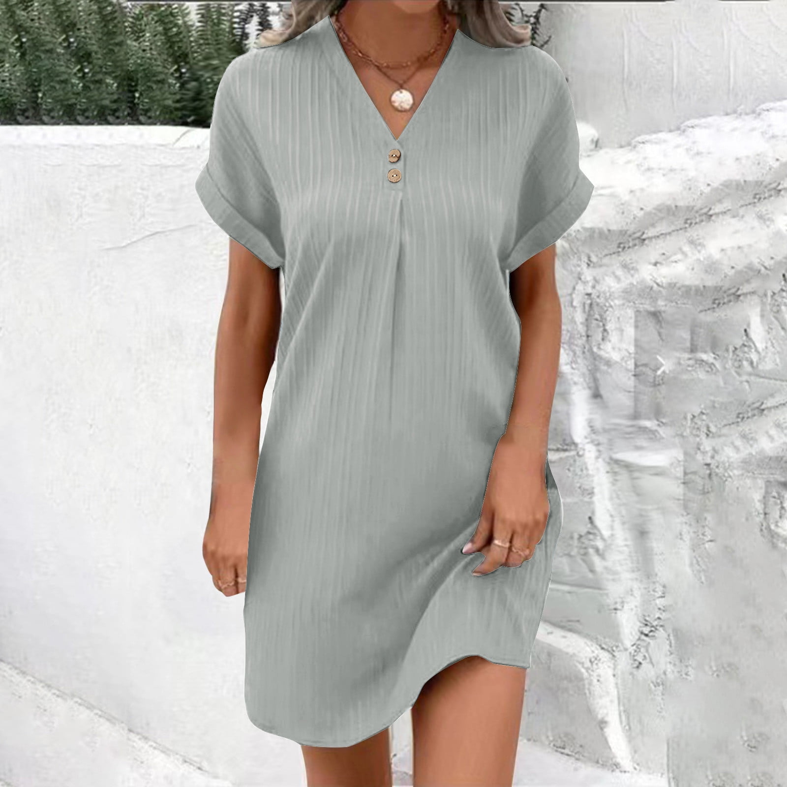 Titcea Casual Dresses for Women Knee Length Solid Color Button Down V ...