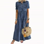 Danhjin Women Denim-Like Shirt Dresses Short Sleeve Distressed Jean Dress Casual Maxi Dress for Women - Summer Savings Clearance