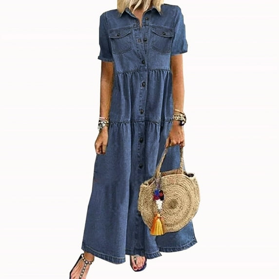 Danhjin Women Denim-Like Shirt Dresses Short Sleeve Distressed Jean Dress Casual Maxi Dress for Women - Summer