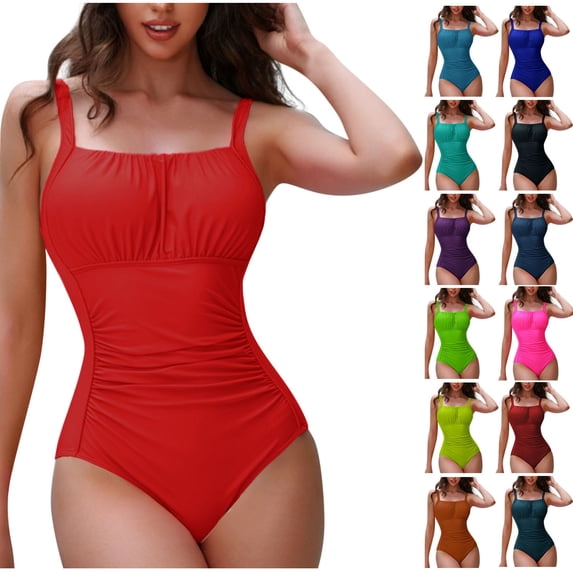 Danhjin Women Ruched Swimsuits 1 Piece Set Solid Color Surfing Swimming Swimwear Slim Tummycontrol Squares Neck Beach Summer Bathing Swim Suits