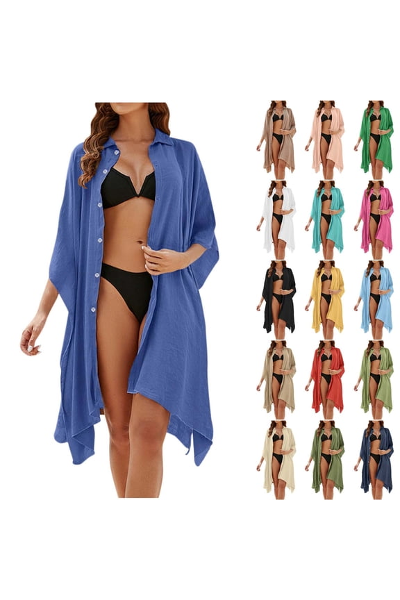 Women Shirt Dress Swimsuit Cover up Oversized Button Down Lightweight Fashion Beachwear Bikini Swimwear Summer Bathing Beach Activity Casual Short Sleeve Coverups