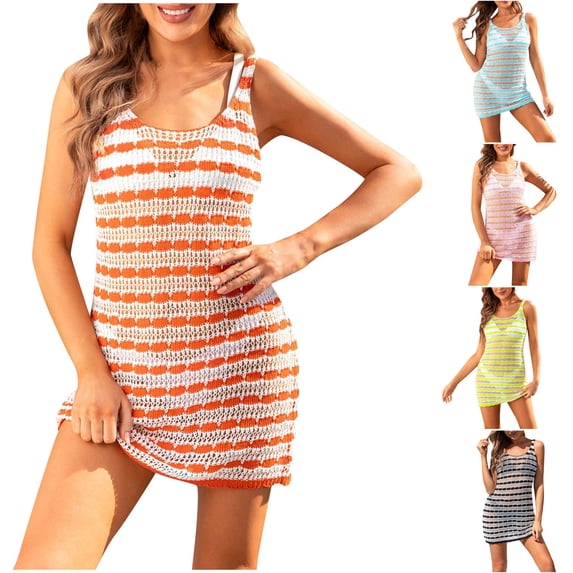 Danhjin Women Swimsuit Cover up Tank Dress Hollow out Lightweight Fashion Beachwear Bikini Swimwear Summer Bathing Beach Activity Casual Sleeveless Backless Coverups