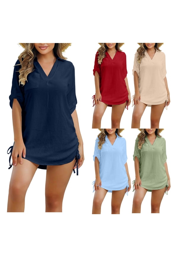 Women Swimsuit Cover Up Shirt Beach Bathing Suits for Swimwear Bikini Dress V Neck Short Sleeve Casual Fashion Summer Beachwear Coverups