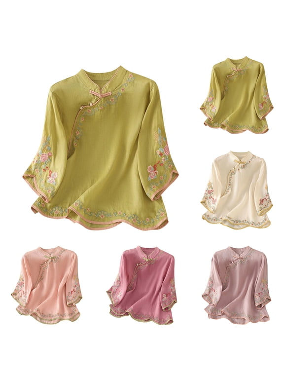 Women Tops Cotton Linen Shirts Vintage Chinese e Mbroidery 3/4 Sleeve Casual Trendy Tops Loose V Neck Side Tie Slit Blouse