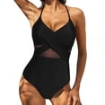thumbnail image 1 of Danhjin Women V Neck One Piece Swimsuit Wrapped Mesh Tummy Control Bathing Suit with Adjustable Spaghetti Straps, 1 of 6