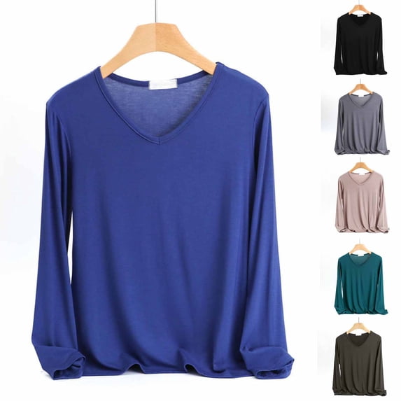 Danhjin Women's Basic Shirts V Neck Long Sleeve Fall Summer Spring Solid Color Pullover Tops Undershirts Casual Thin Breathable Comfy Fashion Tees Blouses