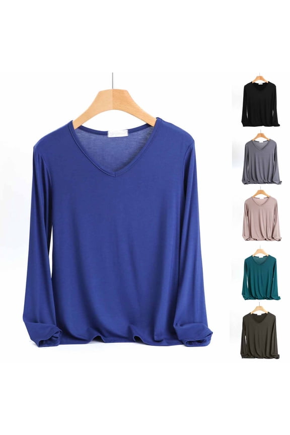 Women's Basic Shirts V Neck Long Sleeve Fall Summer Spring Solid Color Pullover Tops Undershirts Casual Thin Breathable Comfy Fashion Tees Blouses