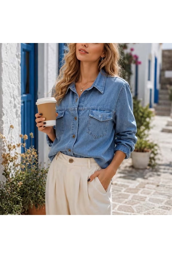 Women's Button Down Denim Shirt Collared Casual Long Sleeve Shirts Tops on Clearance