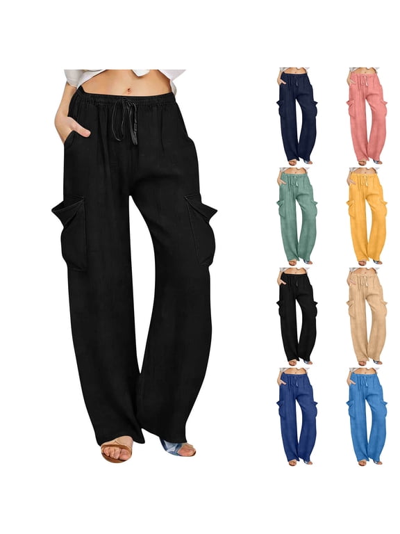 Women's Casual Jean Pants High Waisted Wide Leg Loose Straight Leg Drawstring Pants Spring Summer Stretch Comfy Baggys Denim Pants With Pockets