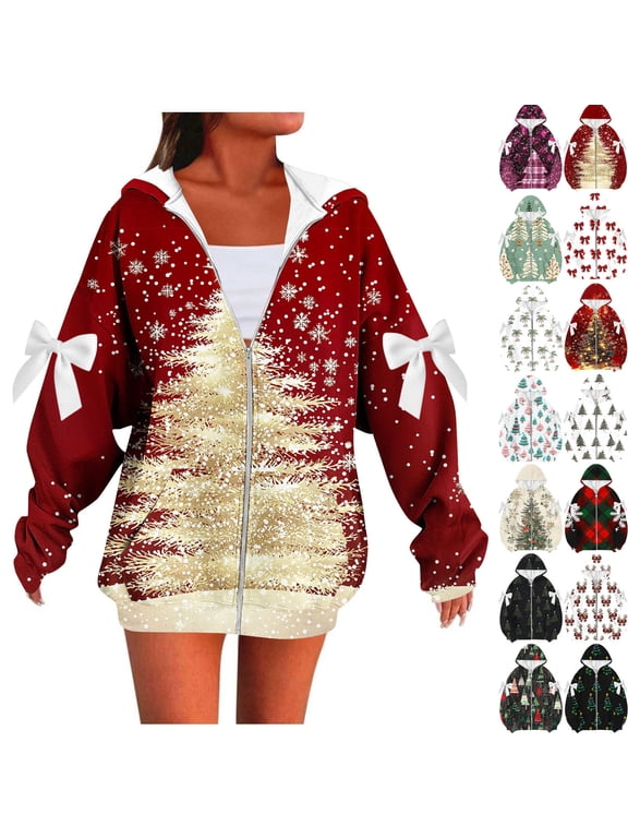 Women's Christmas Print Hoodies Oversized Zip up Hooded Long Sleeve Swaeatshirts Fall Winter Going out Loose Graphic Jackets Comfy Soft Fashion Outerwear
