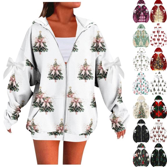 Danhjin Women's Christmas Print Hoodies Oversized Zip up Hooded Long Sleeve Swaeatshirts Fall Winter Going out Loose Graphic Jackets Comfy Soft Fashion Outerwear