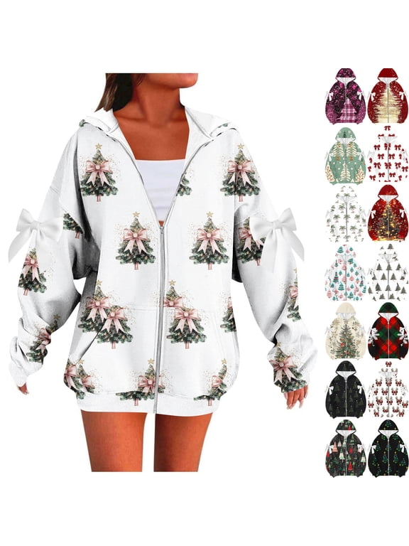 Women's Christmas Print Hoodies Oversized Zip up Hooded Long Sleeve Swaeatshirts Fall Winter Going out Loose Graphic Jackets Comfy Soft Fashion Outerwear