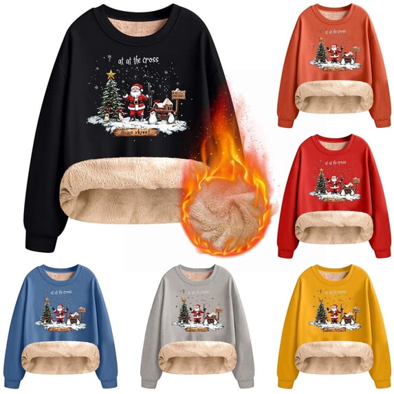 Danhjin Women's Christmas Sweatshirts Fleece Lined Festive Print Pullover Tops Fall Winter Long Sleeve Crew Neck Loose Oversized Casual Warm Shirts