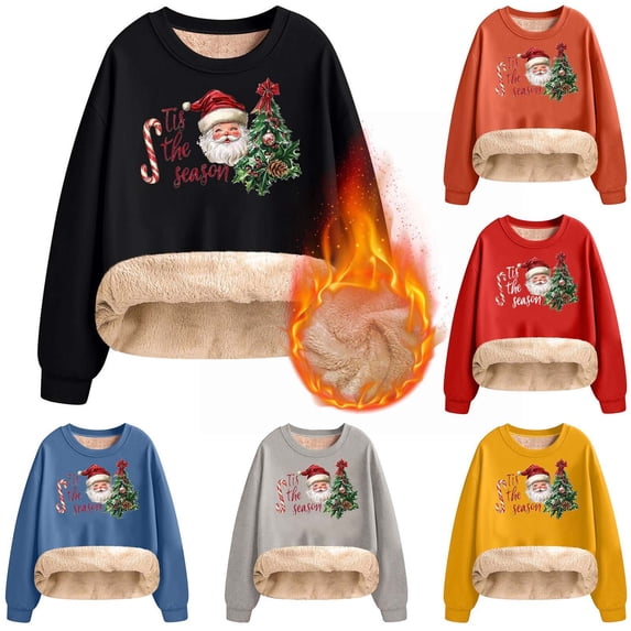Danhjin Women's Christmas Sweatshirts Fleece Lined Festive Print Pullover Tops Fall Winter Long Sleeve Crew Neck Loose Oversized Casual Warm Shirts