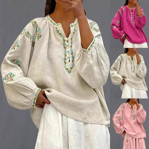 Danhjin Women's Cotton Linen Button Shirts Plus Size Loose Cre W Neck Casual Top 3/4 Sleeve Summer Fashion Blouse