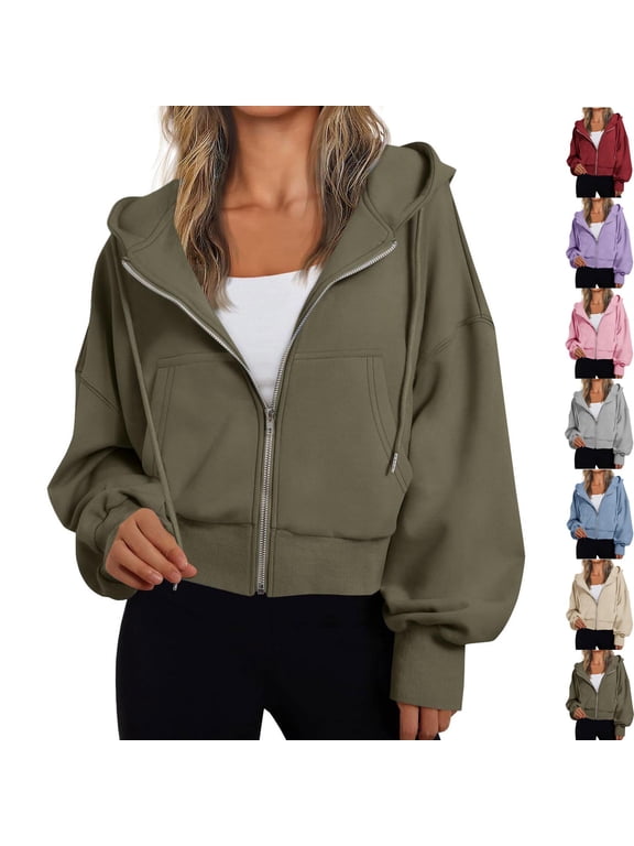 Women's Cropped Hoodies Full Zip up Sweatshirts Long Sleeve Solid Color Fashion Casaul Comfy Soft Drawstring Jackets with Pockets