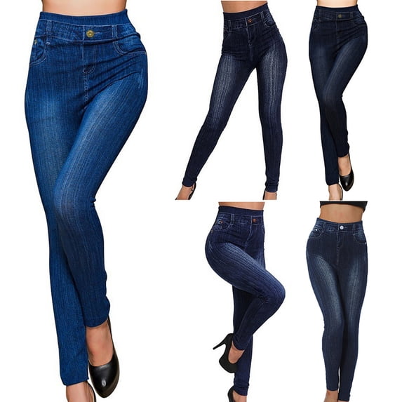 Danhjin Women's Faux Denim Leggings High Waist Yoga Pants Casual Fashion Slim Stretchy Workout Running Gym Trousers