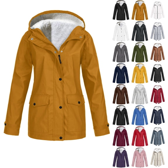 Danhjin Women's Fleece Lined Raincoat Waterproof Rain Jackets Windbreak Hiking Warm Coat Fall Winter Casual Camping Traveling Hooded Zip up Long Sleeve Solid Color Outdoor Fashion Outfits