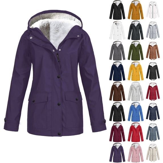 Danhjin Women's Fleece Lined Raincoat Waterproof Rain Jackets Windbreak Hiking Warm Coat Fall Winter Casual Camping Traveling Hooded Zip up Long Sleeve Solid Color Outdoor Fashion Outfits