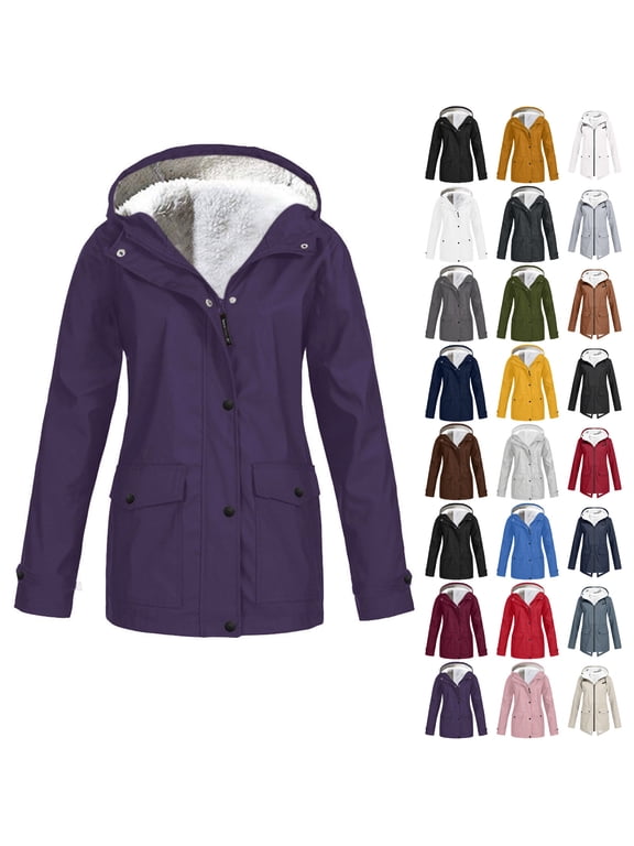 Women's Fleece Lined Raincoat Waterproof Rain Jackets Windbreak Hiking Warm Coat Fall Winter Casual Camping Traveling Hooded Zip up Long Sleeve Solid Color Outdoor Fashion Outfits