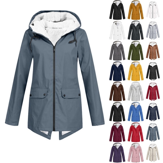 Danhjin Women's Fleece Lined Raincoat Waterproof Rain Jackets Windbreak Hiking Warm Coat Fall Winter Casual Camping Traveling Hooded Zip up Long Sleeve Solid Color Outdoor Fashion Outfits