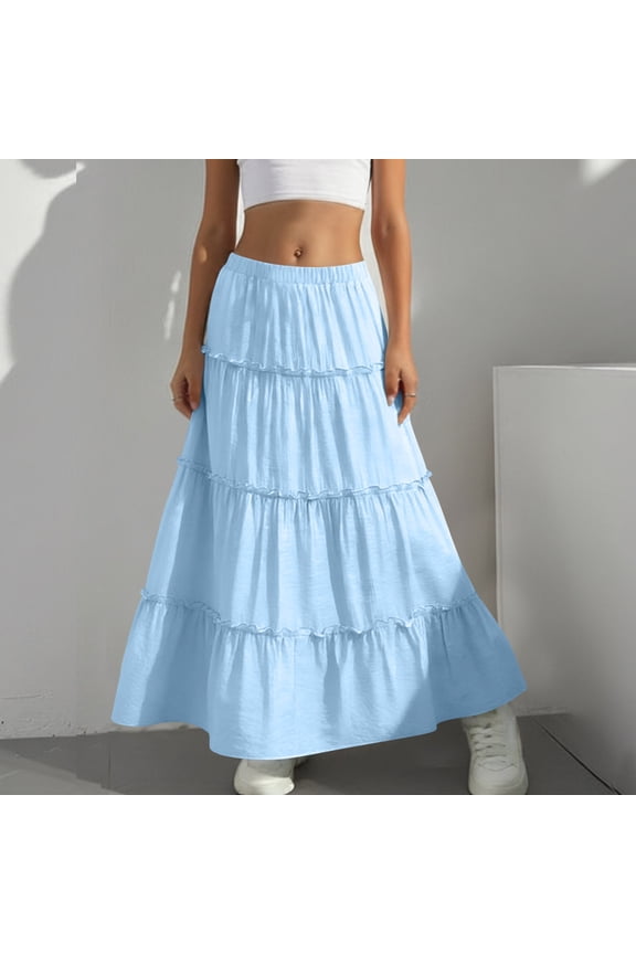 Women's Summer Puffy Skirt Pleated High Waisted Casual A Line Flowy Maxi Skirts High Elastic Waisted Tiered Casual Boho Party Dress